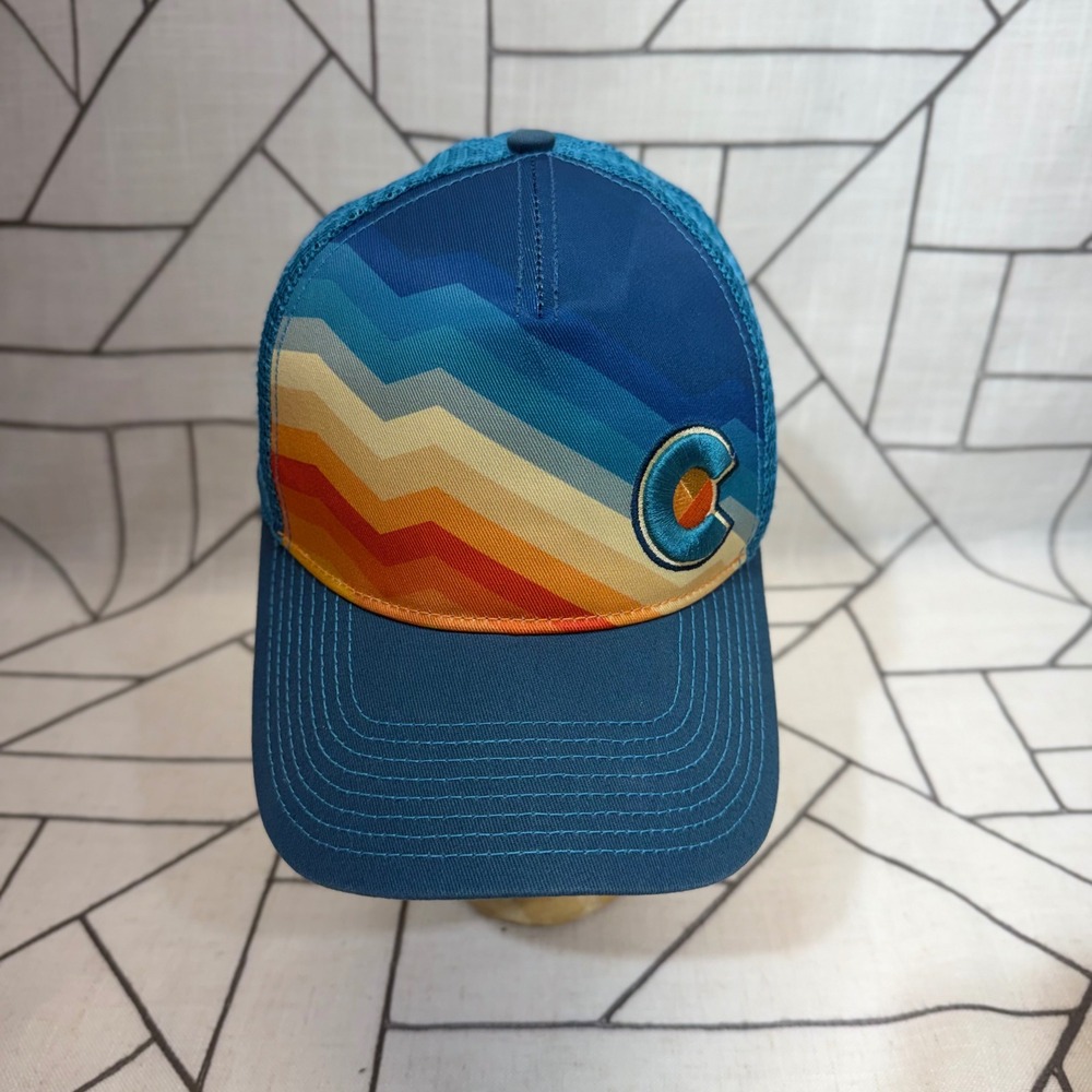 YoColorado Trucker Hat OS Blue Retro Mountain Sunset Mesh Snapback Cap